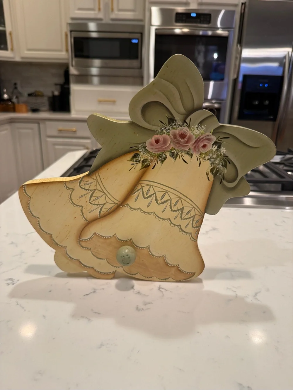 Vintage Musical Wedding Bells Wall Plaque Pink Roses Cottage Decor Music Box